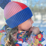 Bonnet à Pompon Frugi Rainbow Rib - Bleu Tang/Arc-en-ciel