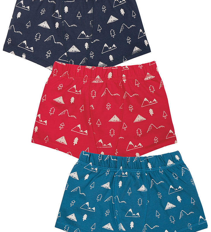 Frugi GOTS organic cotton 3 pack Sean boxers in navy, bkue and red with white mountains printed on