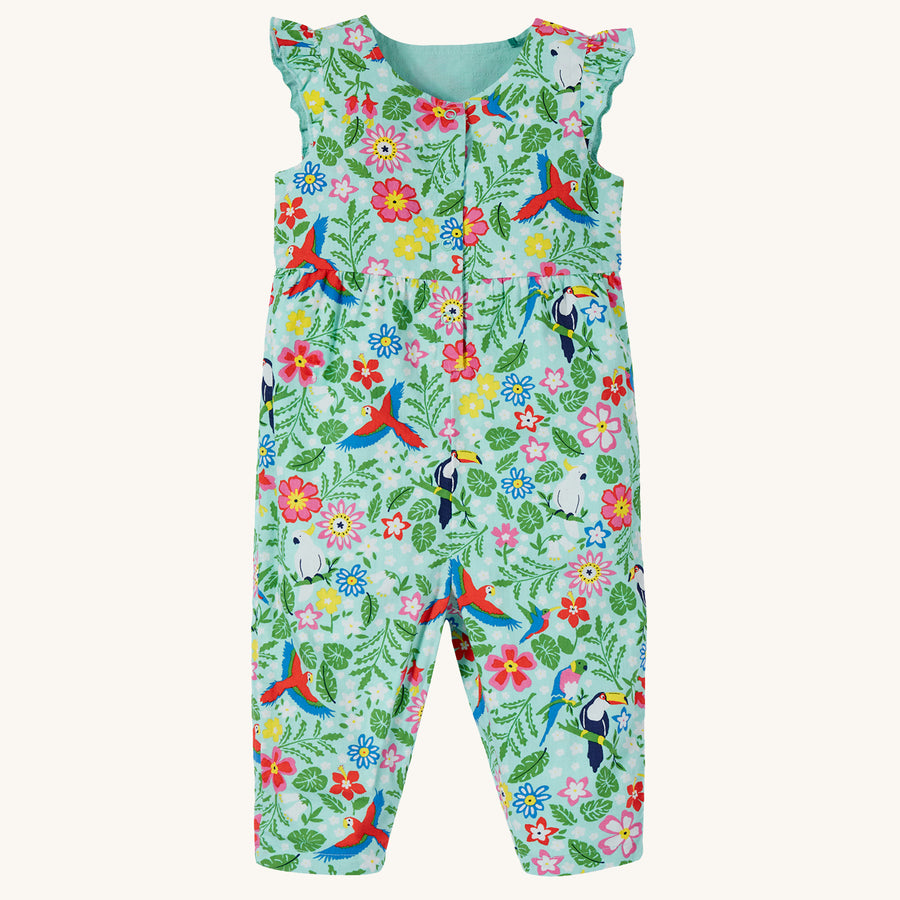 The tropical print side of the Frugi Children's Organic Cotton Etta Reversible Playsuit - Tropical Birds / Spring Dobby. A beautiful reversible play-suit