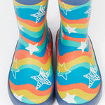 A closer look at the star and rainbow wavy print on the The Frugi Children's Puddle Buster Wellington Boots - Wavy Stars