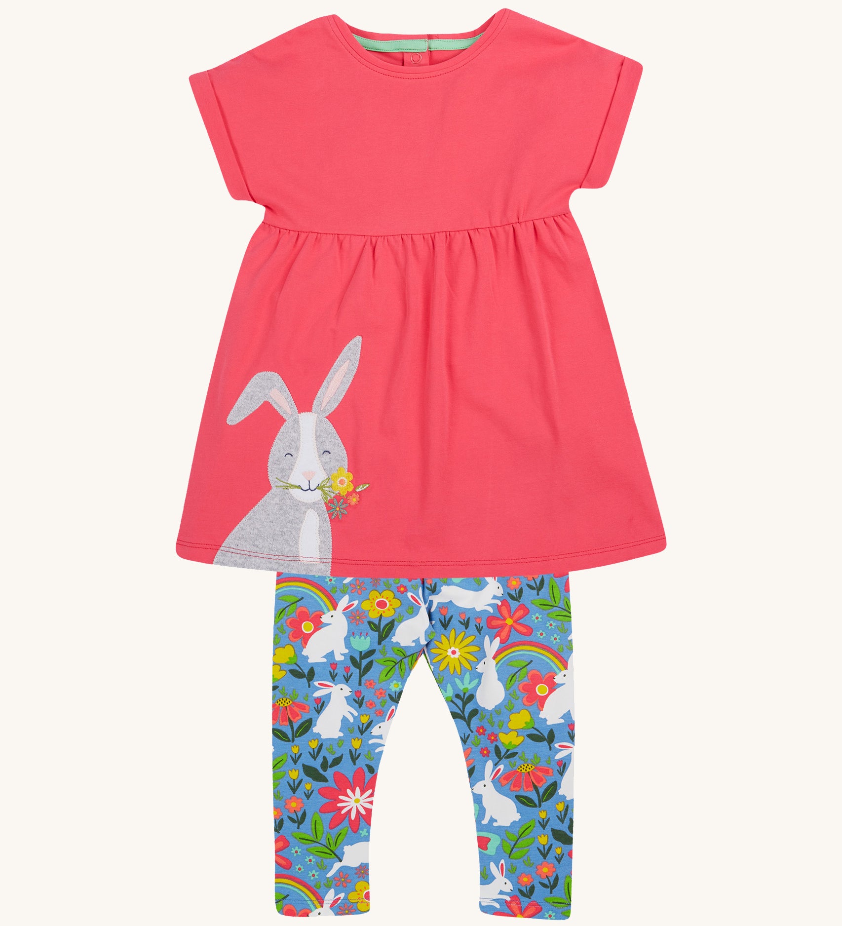 Frugi kids watermelon iris bunny outfit - GOTS organic cotton kids outfit including a light pink top with short sleeves and a grey rabbit appliqué with light blue bottoms with white rabbits and floral prints. 