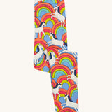 Frugi kids over the rainbow leggings - GOTS organic cotton Frugi kids leggings   in light blue folded in half with white horses on top of bright multicoloured rainbows 