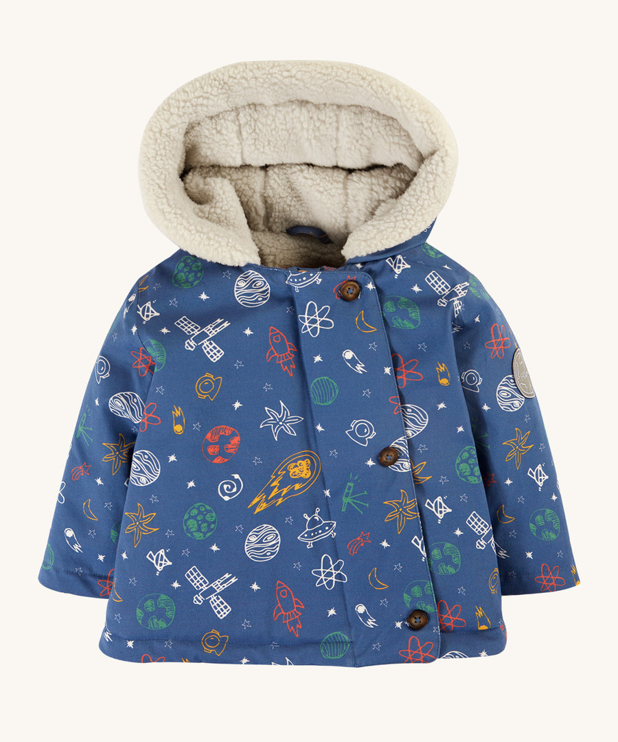 Frugi Little Penhale Parka - Dream Big/Navy, with a fun space print and fleece lined hood