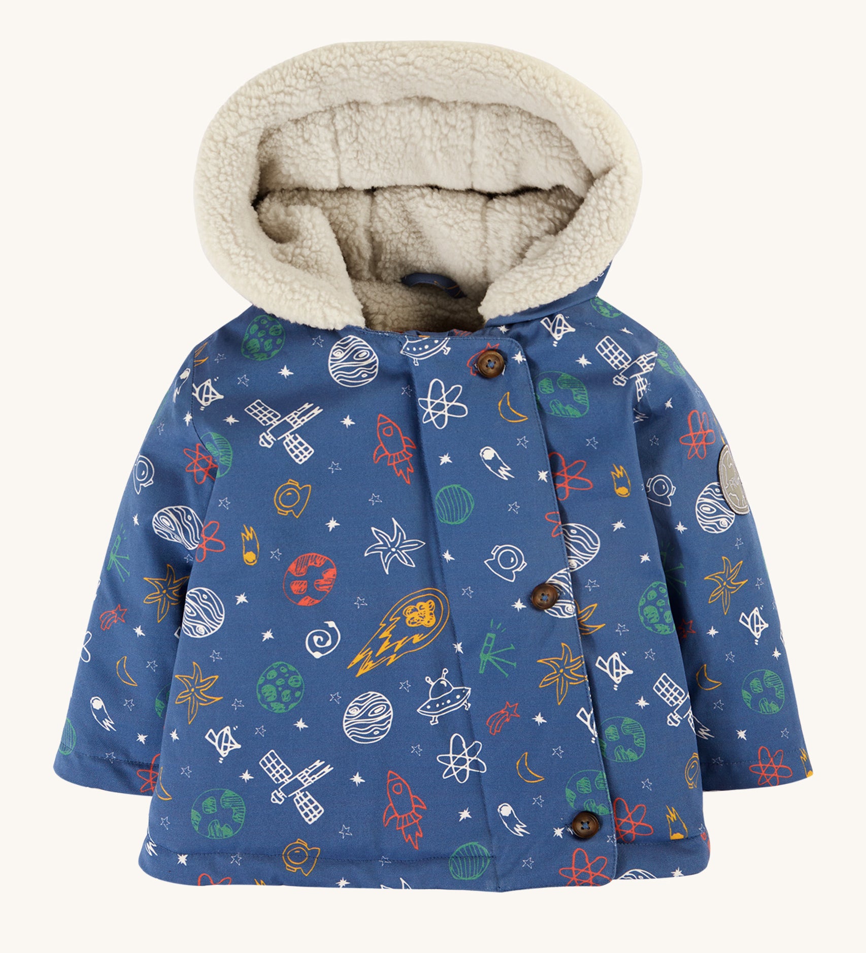 Frugi Little Penhale Parka - Dream Big/Navy, with a fun space print and fleece lined hood