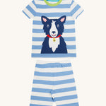 Frugi kids Porth collie dog pyjama set - GOTS organic cotton kids pyjama set with a blue and white stripe short sleeve top and matching shorts. Features an appliqué of a blue collie dog on the tshirt. 