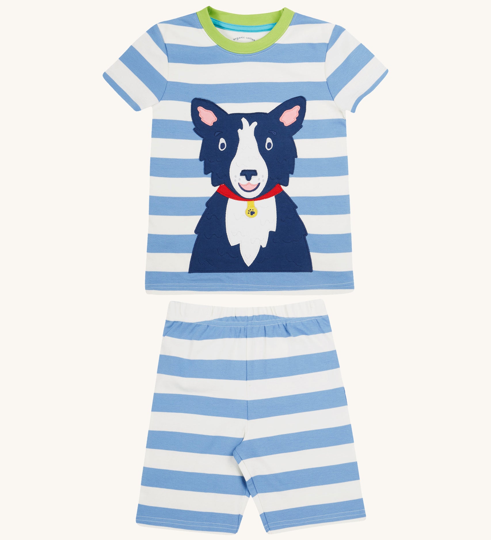 Frugi kids Porth collie dog pyjama set - GOTS organic cotton kids pyjama set with a blue and white stripe short sleeve top and matching shorts. Features an appliqué of a blue collie dog on the tshirt. 