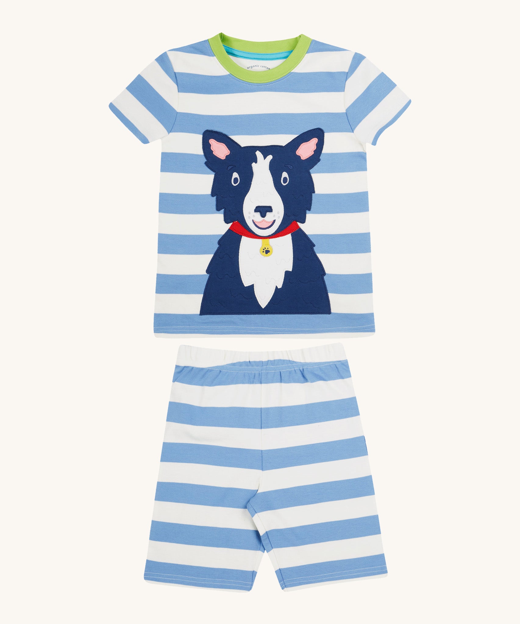 Frugi kids Porth collie dog pyjama set - GOTS organic cotton kids pyjama set with a blue and white stripe short sleeve top and matching shorts. Features an appliqué of a blue collie dog on the tshirt. 