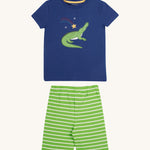 Frugi kids Porth crocodile pyjama set - GOTS organic cotton kids pyjama set with a navy short sleeve top and a green and white stripe shorts. Features an appliqué of a green crocodile on the top. 