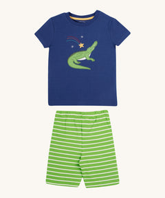 Frugi kids Porth crocodile pyjama set - GOTS organic cotton kids pyjama set with a navy short sleeve top and a green and white stripe shorts. Features an appliqué of a green crocodile on the top. 