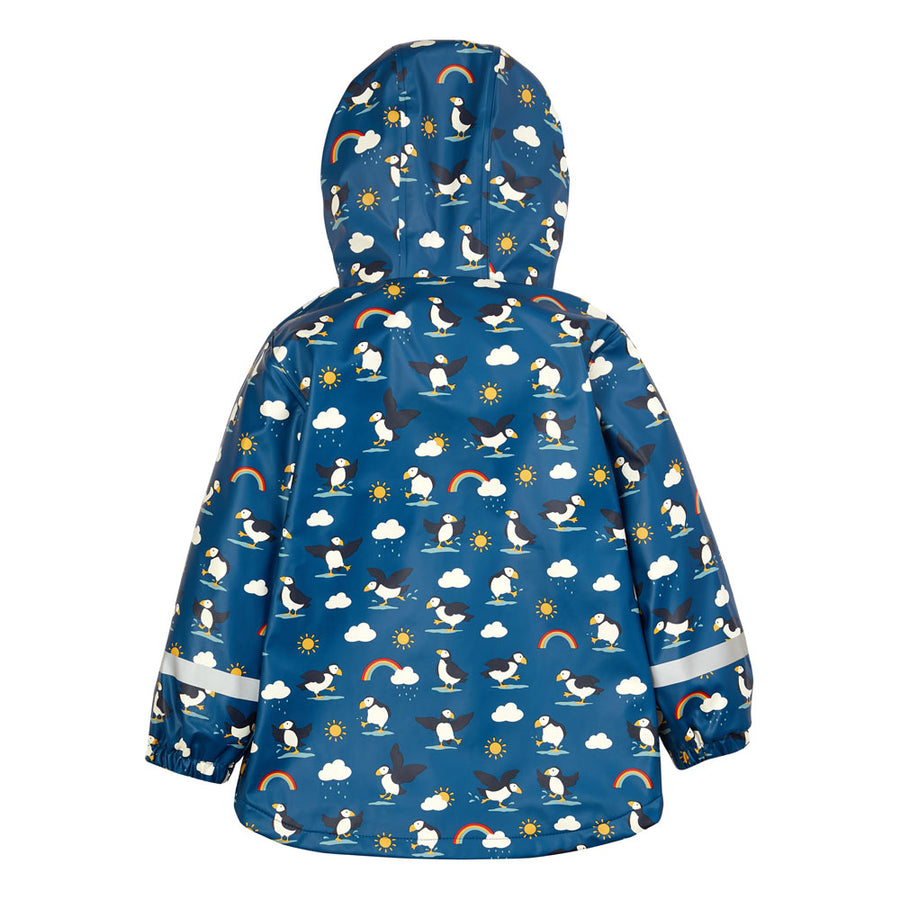 Back of the Frugi kids puffin puddles waterproof jacket on a white background