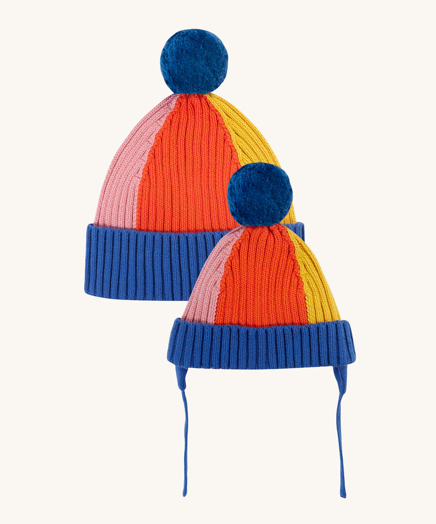 Frugi Children's Rainbow Rib Bobble Hat - Blue Tang/Rainbow