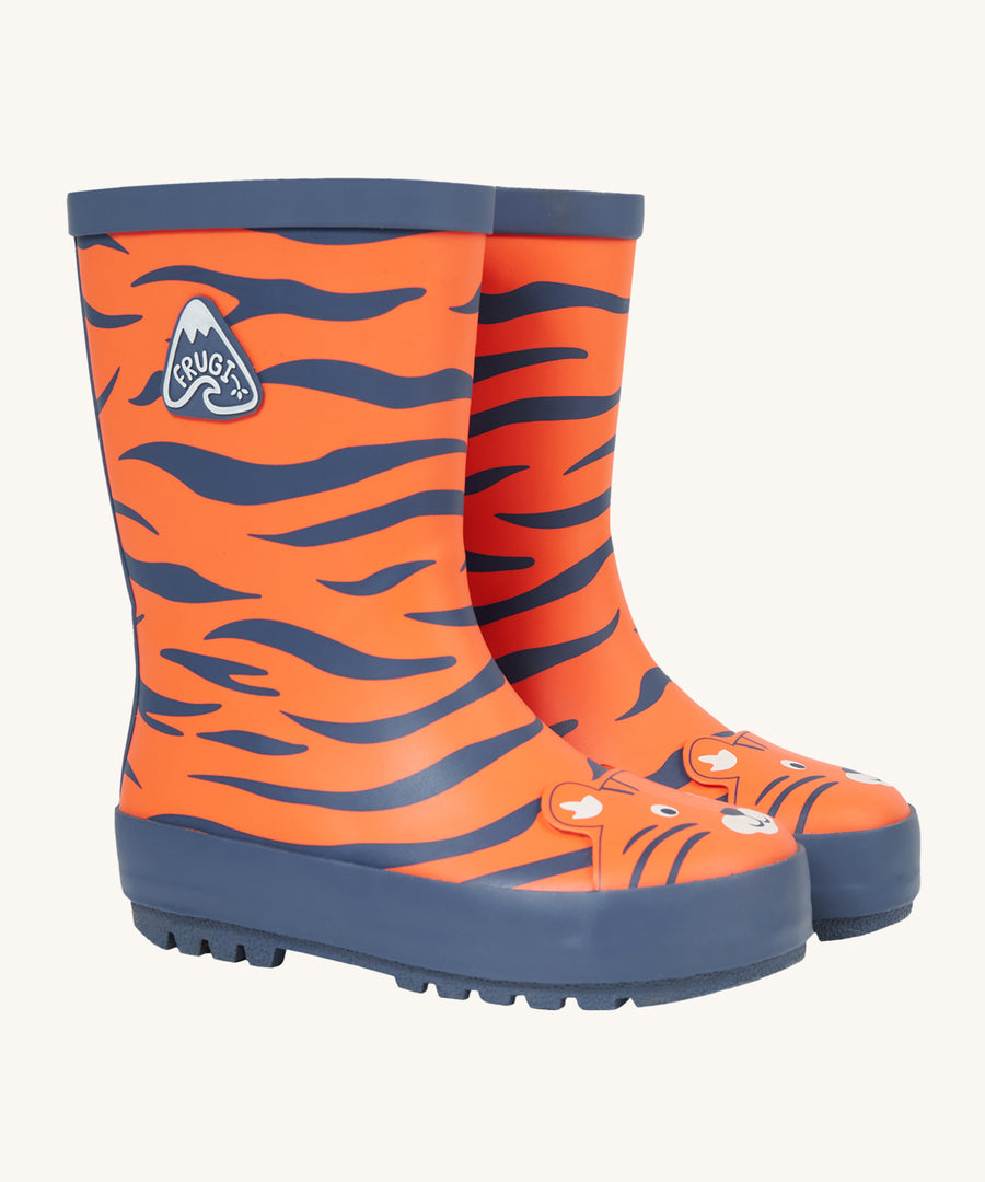 Frugi Children's Puddle Buster Wellington Boots - Salamander/Tiger, with a bold orange and blue tiger stripe print