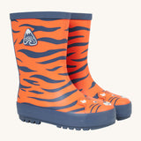 Frugi Children's Puddle Buster Wellington Boots - Salamander/Tiger, with a bold orange and blue tiger stripe print