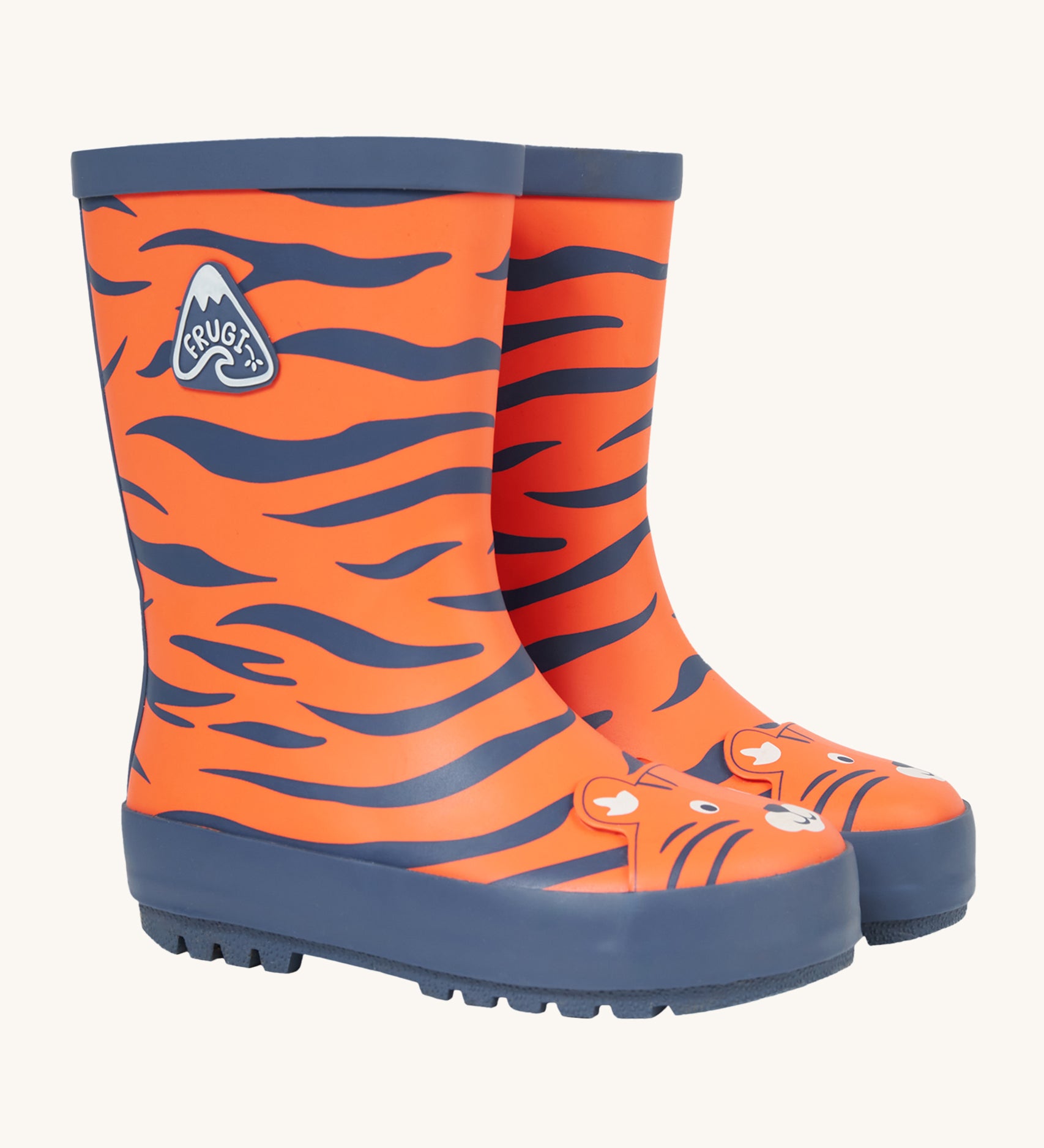 Frugi Children's Puddle Buster Wellington Boots - Salamander/Tiger, with a bold orange and blue tiger stripe print