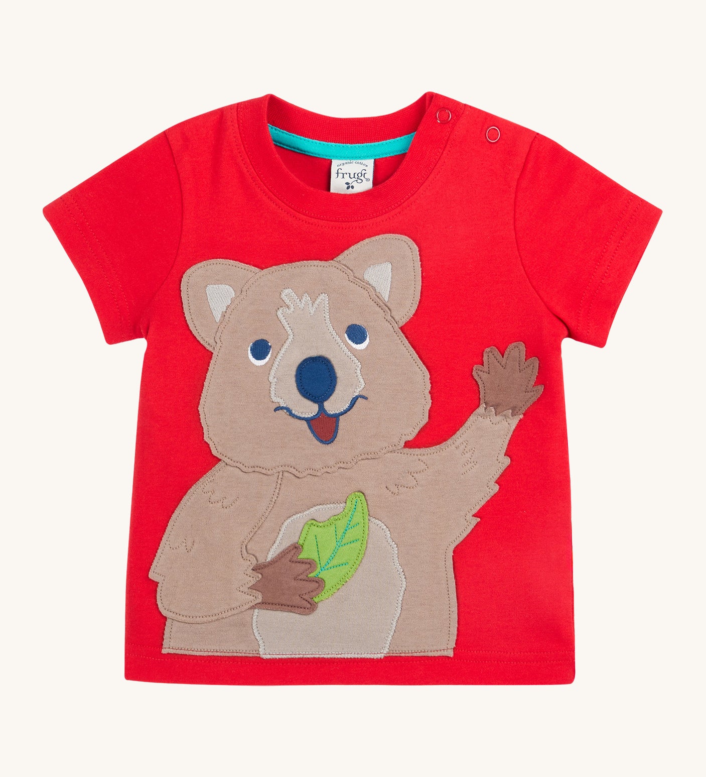 Frugi kids strawberry quokka tshirt - GOTS organic cotton tshirt in with shoulder popper fasteners for easy fitting featuring a quokka appliqué holding a leaf on the front. 