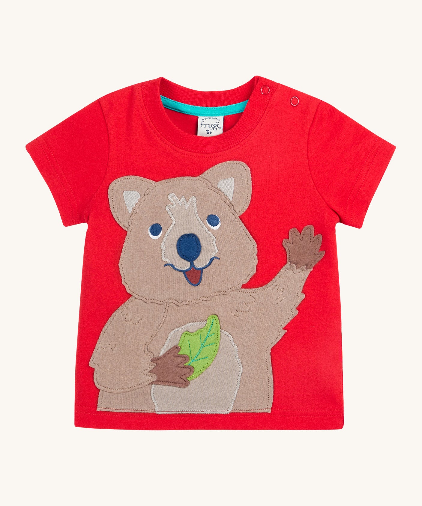 Frugi kids strawberry quokka tshirt - GOTS organic cotton tshirt in with shoulder popper fasteners for easy fitting featuring a quokka appliqué holding a leaf on the front. 