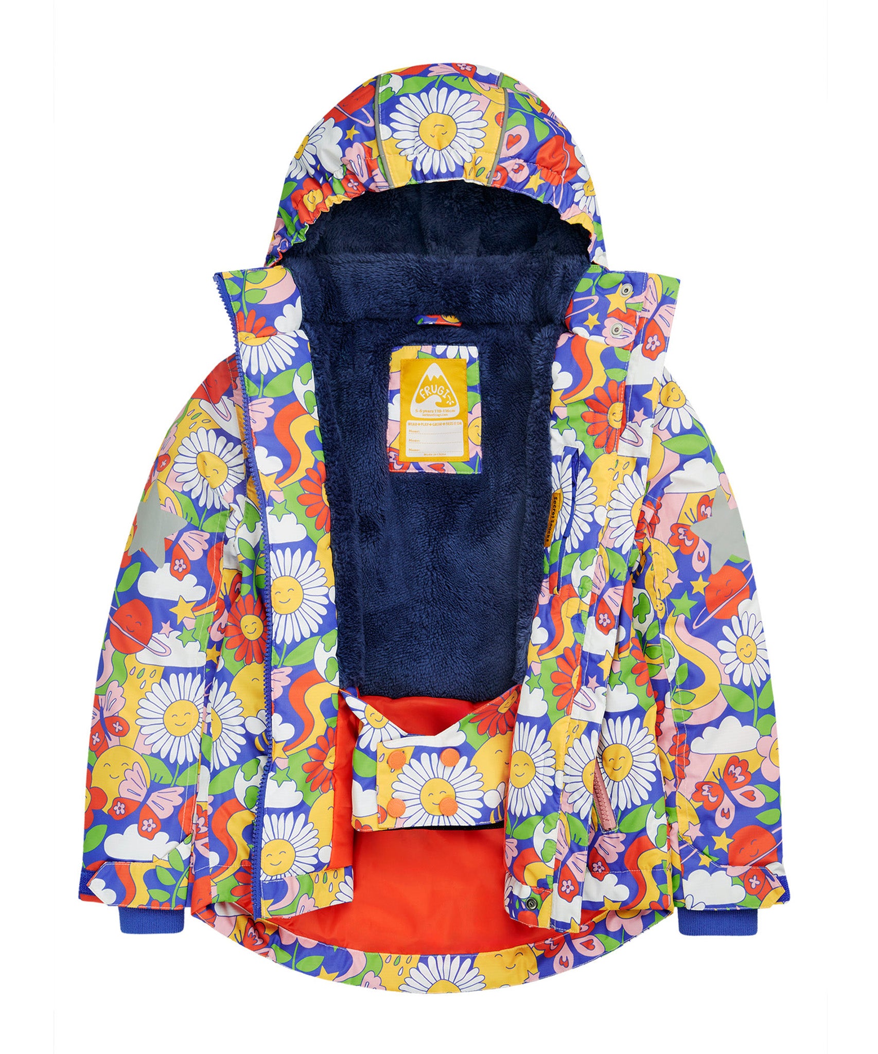 A child outside wearing the Frugi Children's Snow &amp; Ski Coat - Retro Happy