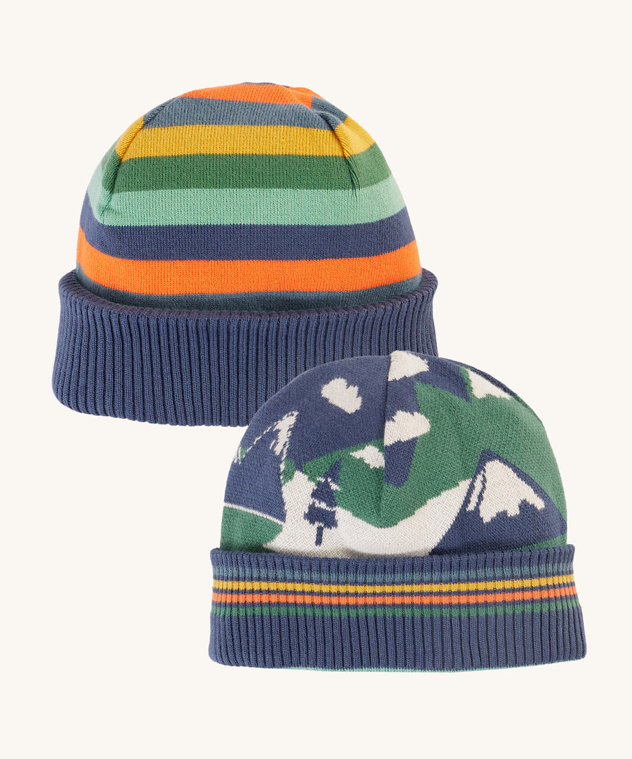 The Frugi Children's Voyager Reversible Hat - Navy Blue/Mountains, showing both reversible prints of the hat