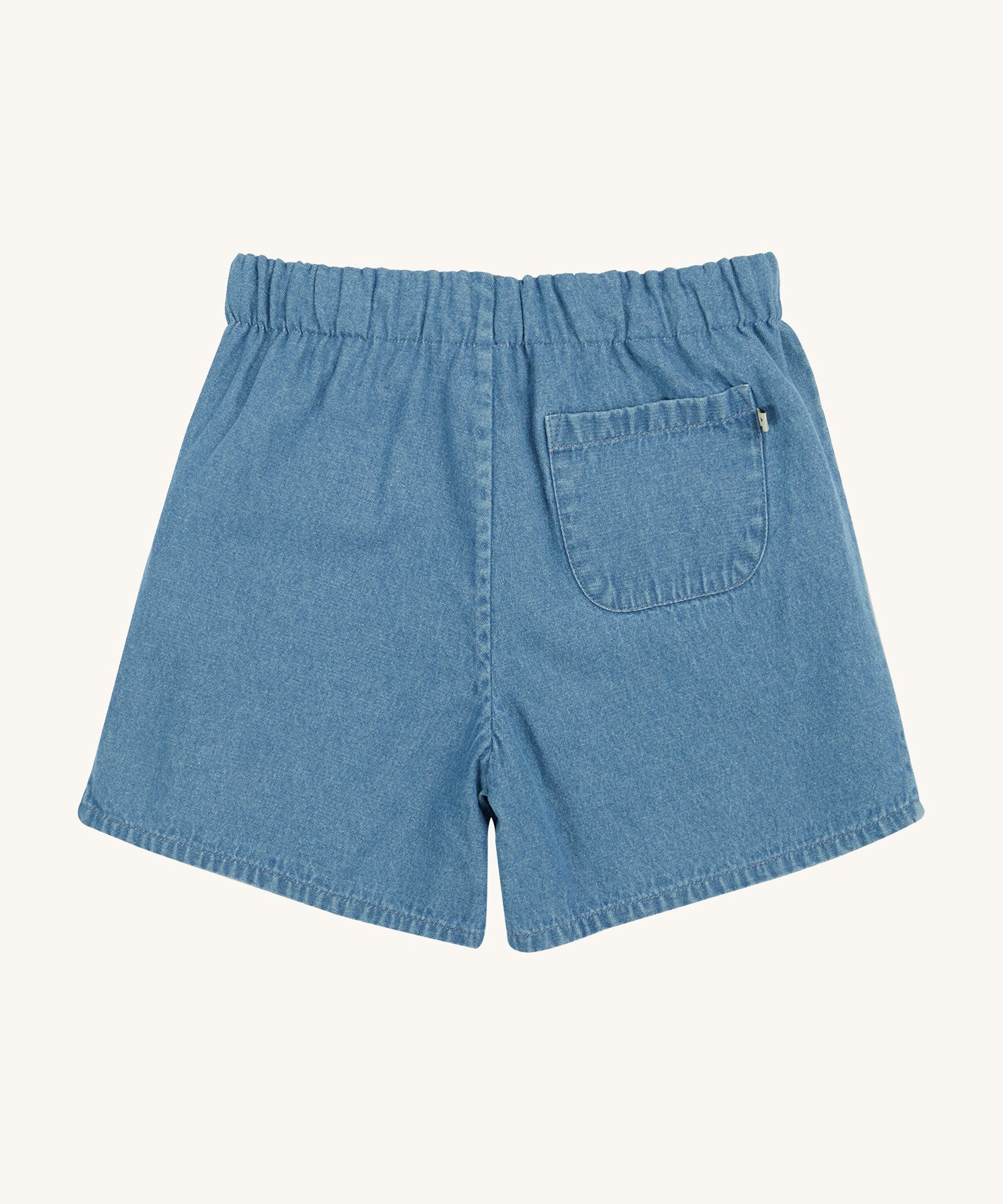 Frugi marigold reversible shorts, paint a floral / denim - GOTS organic cotton kids reversible shorts showing the denim short and waist drawstring detail