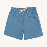 Frugi marigold reversible shorts, paint a floral / denim - GOTS organic cotton kids reversible shorts showing the denim short and back pocket detail