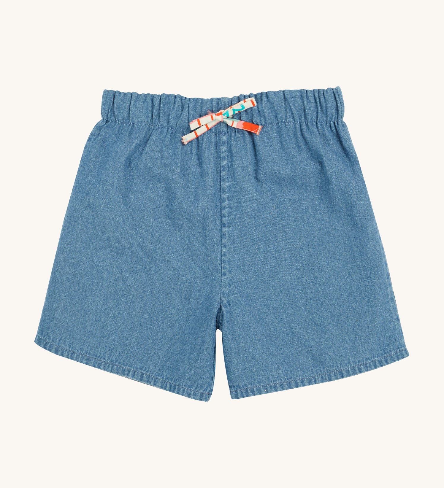 Frugi marigold reversible shorts, paint a floral / denim - GOTS organic cotton kids reversible shorts showing the denim short and back pocket detail