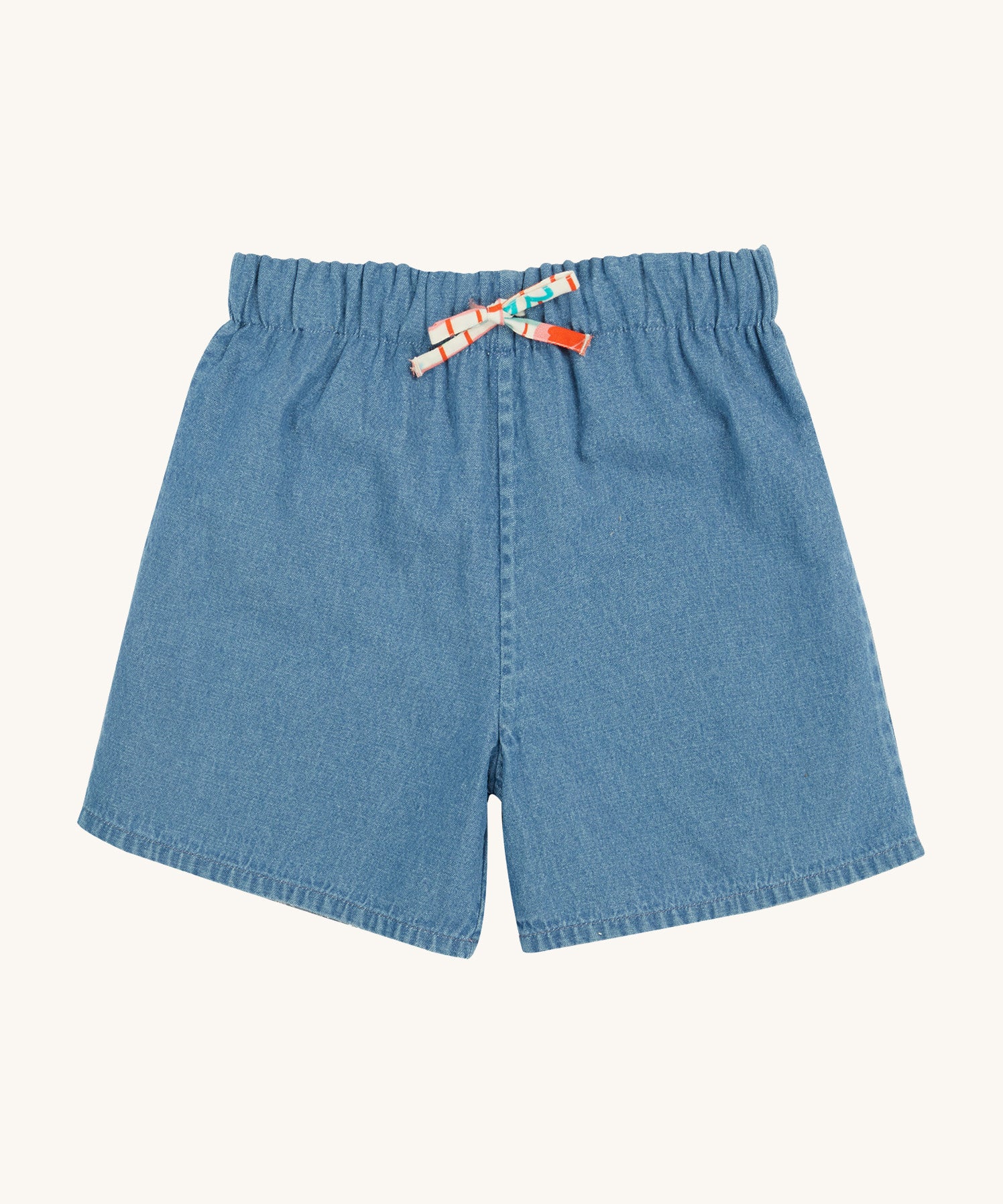 Frugi marigold reversible shorts, paint a floral / denim - GOTS organic cotton kids reversible shorts showing the denim short and back pocket detail