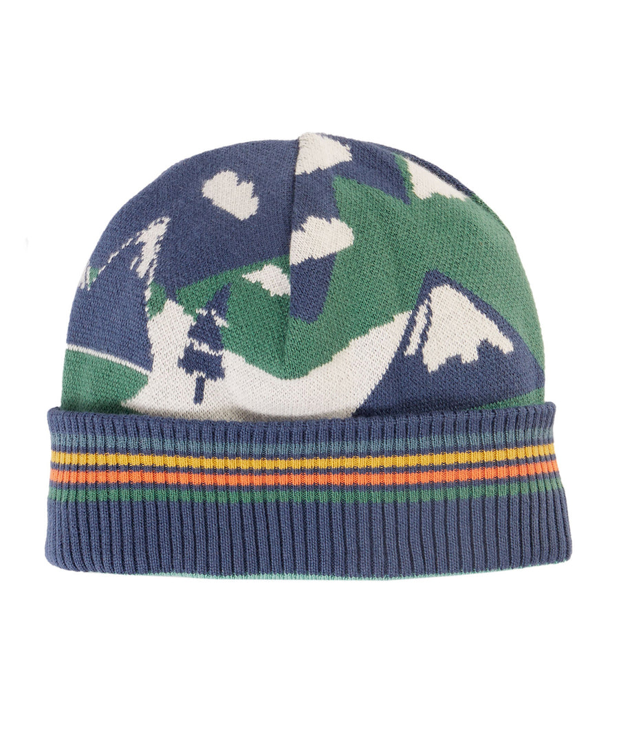 A closer look at the mountain print on the Frugi Children's Voyager Reversible Hat - Navy Blue/Mountains