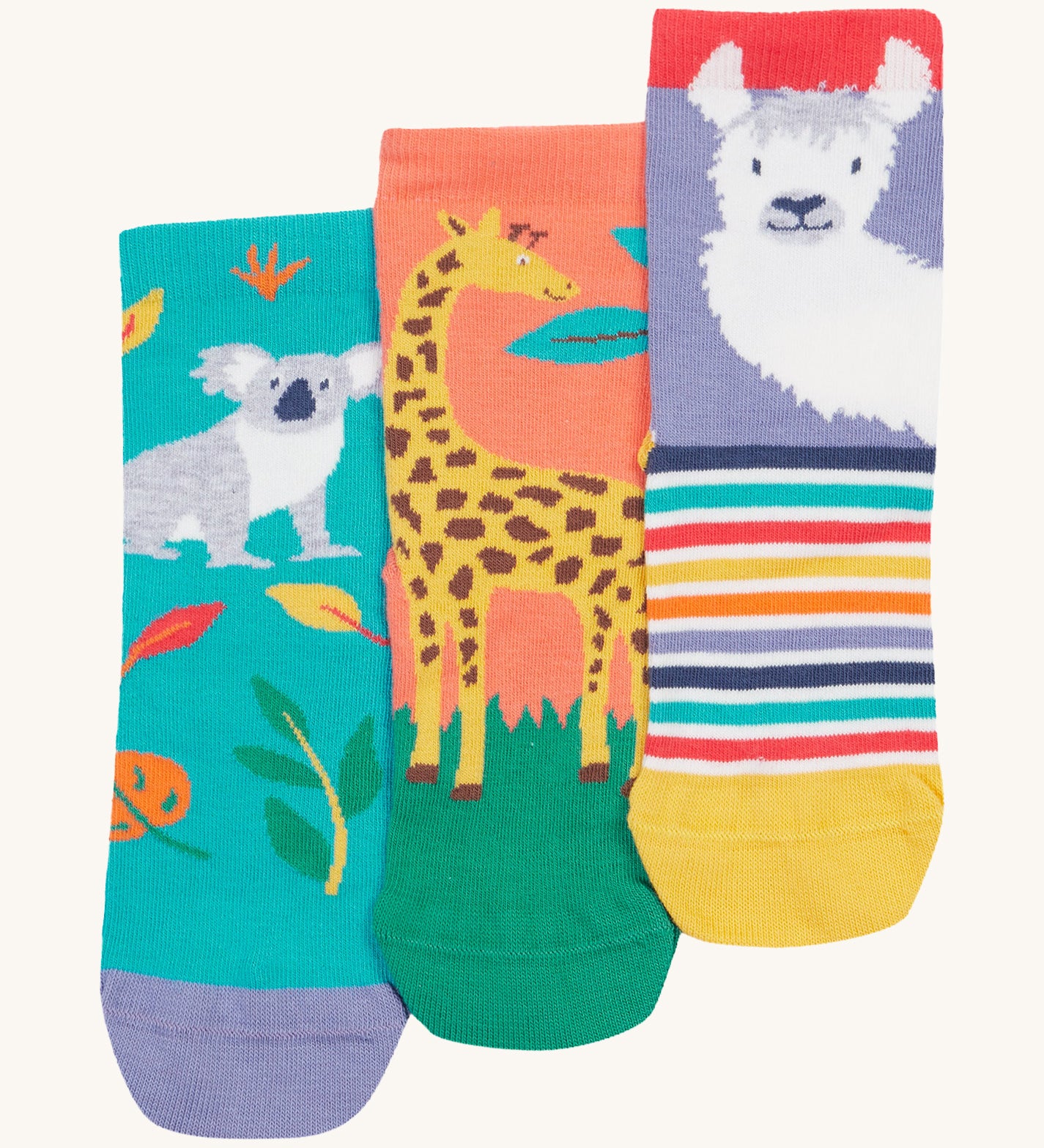 Frugi kids rock my socks 3 pack, zoologist  - GOTS organic cotton kids socks featuring a koala, giraffe and llama themed sock