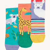 Frugi kids rock my socks 3 pack, zoologist  - GOTS organic cotton kids socks featuring a koala, giraffe and llama themed sock