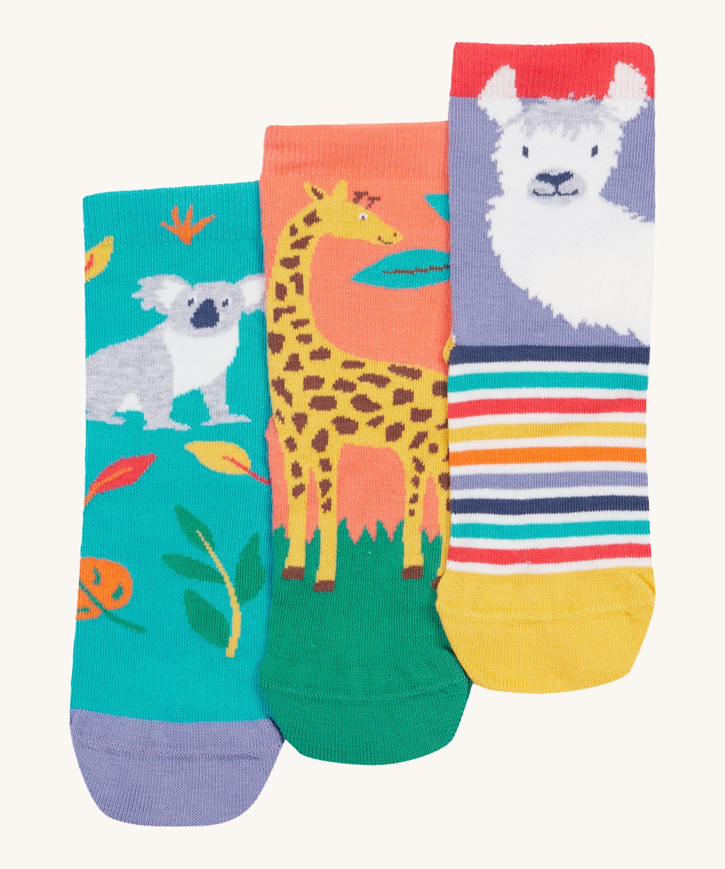 Frugi kids rock my socks 3 pack, zoologist  - GOTS organic cotton kids socks featuring a koala, giraffe and llama themed sock