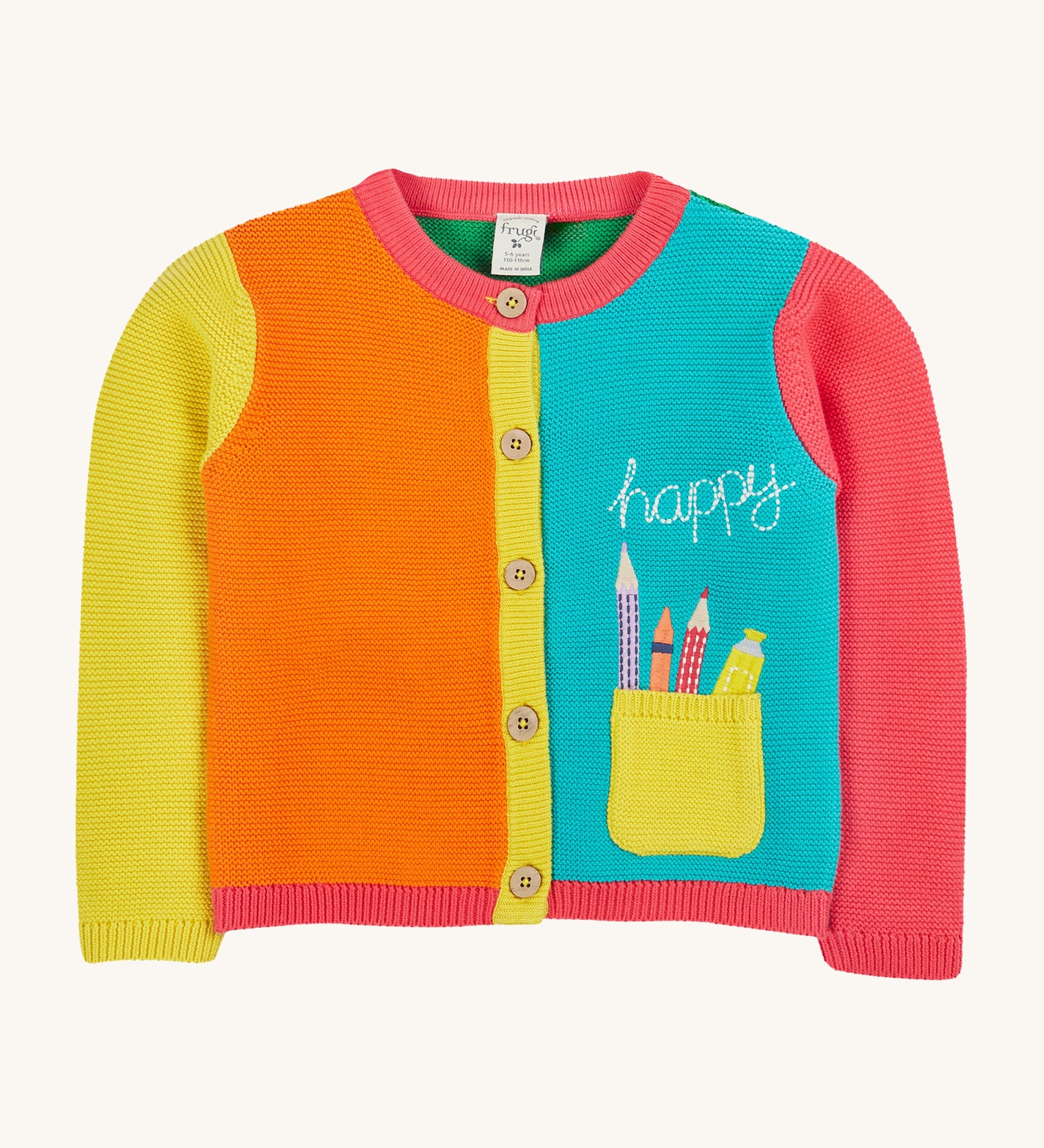 Frugi kids Rose pocket cardigan, happy pen pot - GOTS organic knitted cotton kids buttoned cardigan in pink, light blue orange and orange block colours. Features a yellow front pocket with an applique of pens and pencils with a happy slogan embroidery.