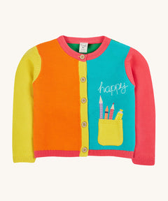 Frugi kids Rose pocket cardigan, happy pen pot - GOTS organic knitted cotton kids buttoned cardigan in pink, light blue orange and orange block colours. Features a yellow front pocket with an applique of pens and pencils with a happy slogan embroidery.