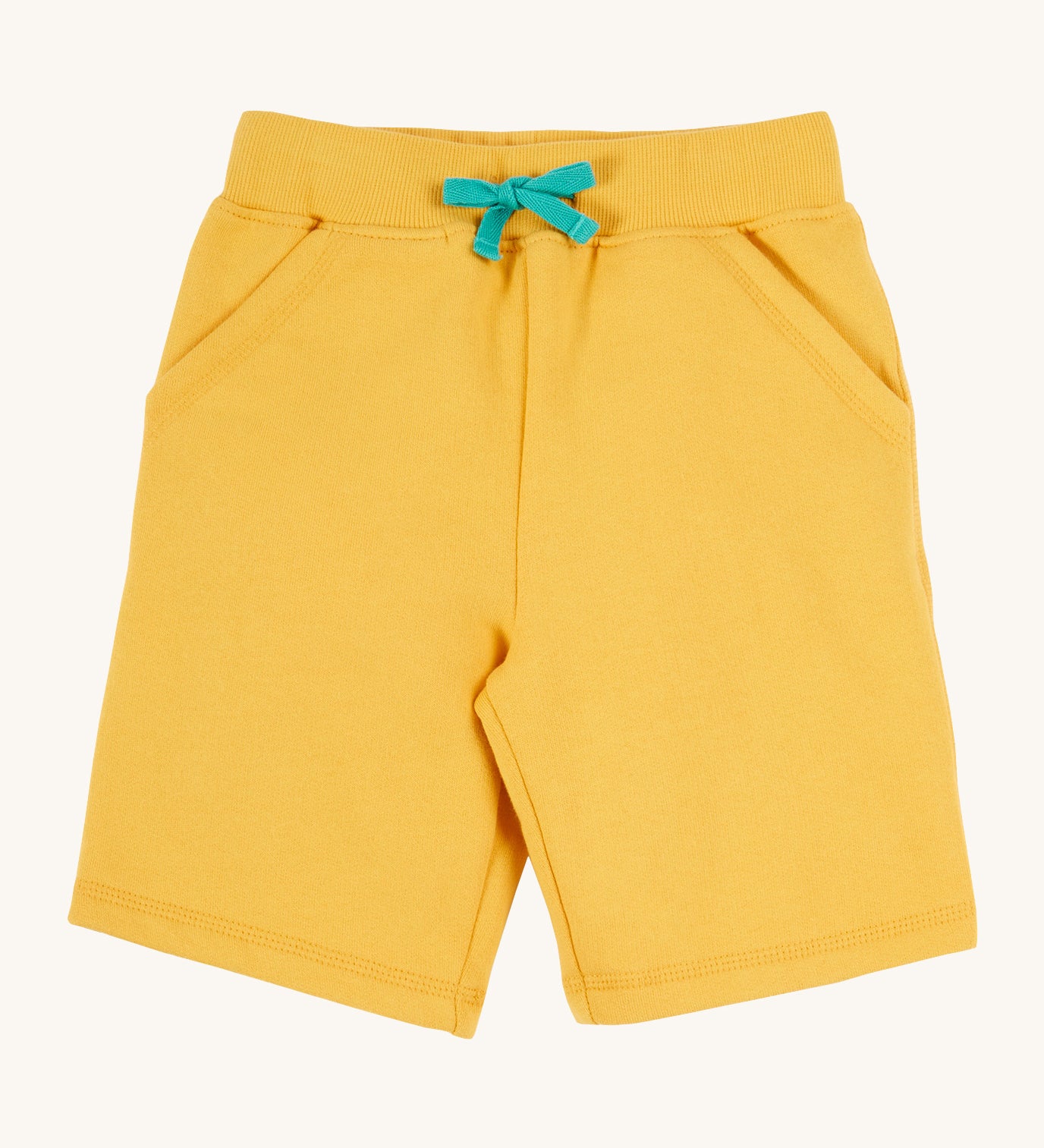 Frugi kids bumblebee Samson shorts - GOTS organic cotton Frugi kids shorts in yellow with a turquoise waist drawstring 