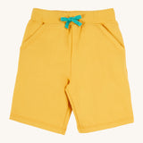 Frugi kids bumblebee Samson shorts - GOTS organic cotton Frugi kids shorts in yellow with a turquoise waist drawstring 