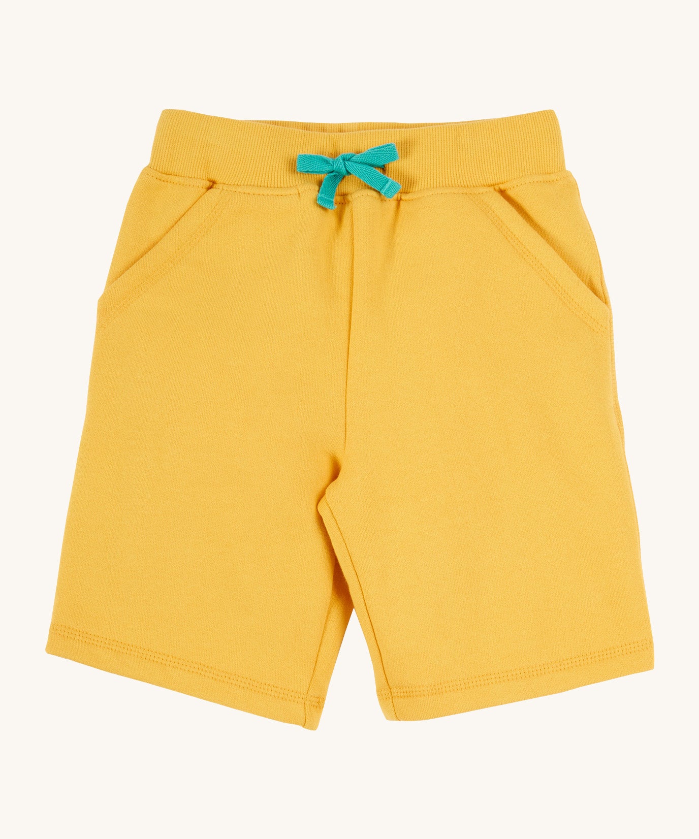 Frugi kids bumblebee Samson shorts - GOTS organic cotton Frugi kids shorts in yellow with a turquoise waist drawstring 