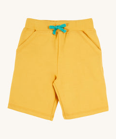 Frugi kids bumblebee Samson shorts - GOTS organic cotton Frugi kids shorts in yellow with a turquoise waist drawstring 