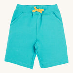 Frugi kids sea moss Samson shorts - GOTS organic cotton Frugi kids shorts in turquoise with a yellow waist drawstring 