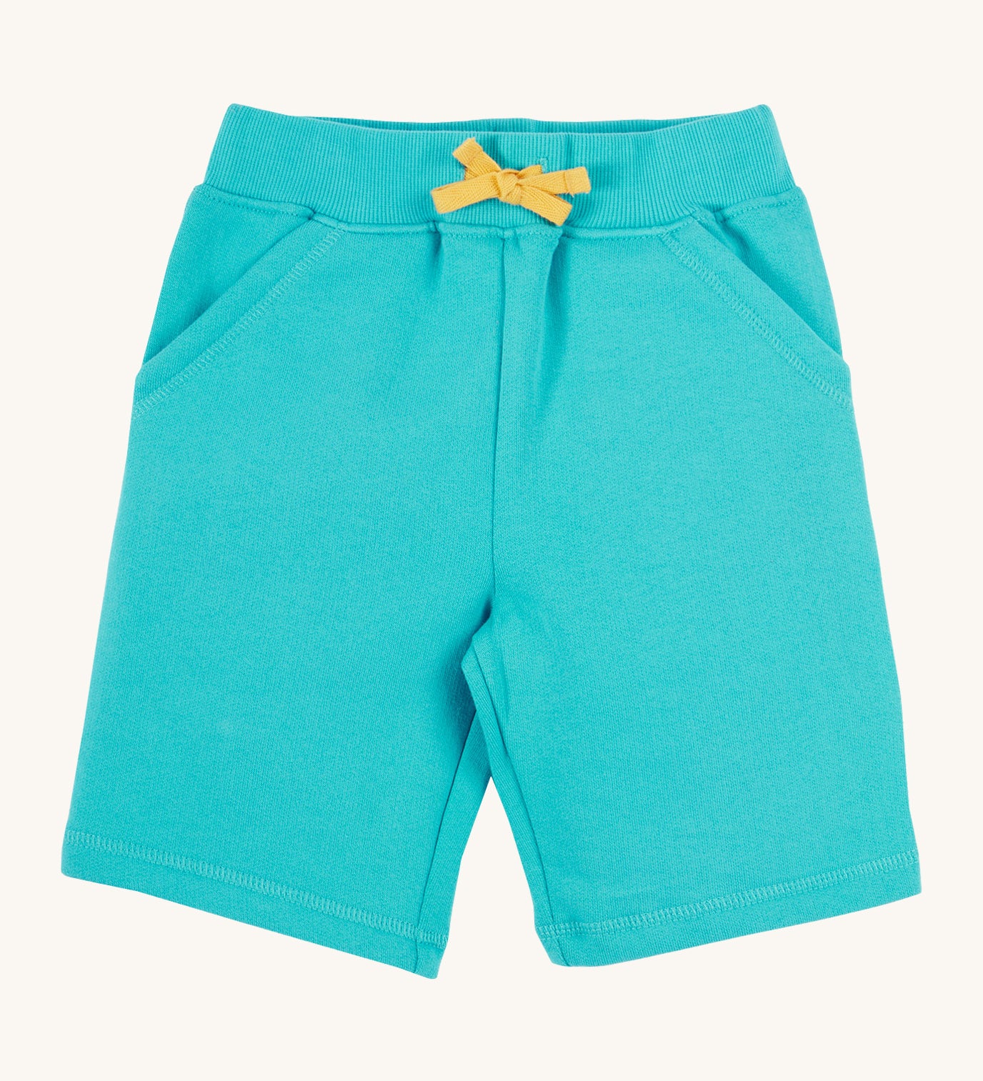 Frugi kids sea moss Samson shorts - GOTS organic cotton Frugi kids shorts in turquoise with a yellow waist drawstring 