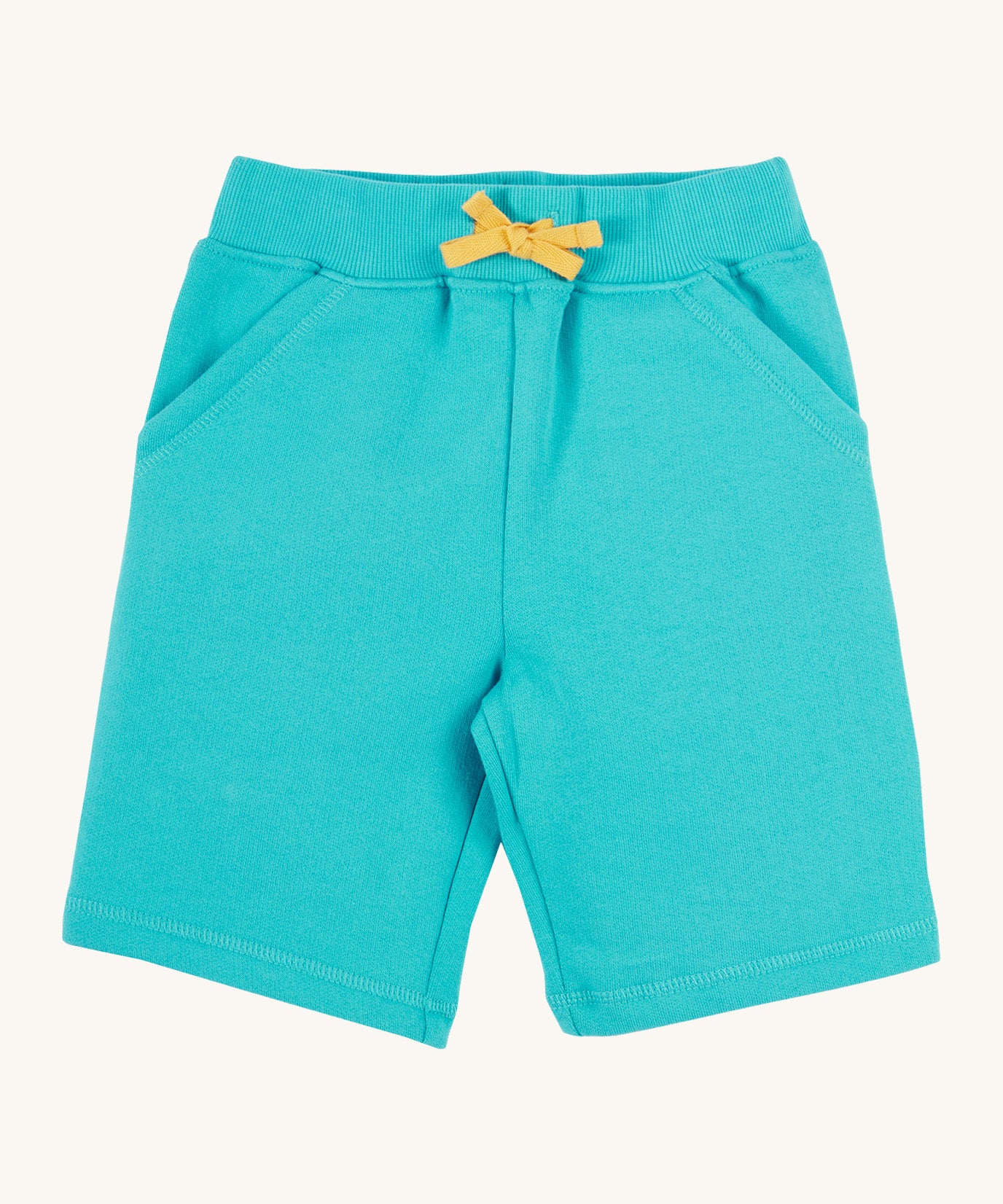 Frugi kids sea moss Samson shorts - GOTS organic cotton Frugi kids shorts in turquoise with a yellow waist drawstring 