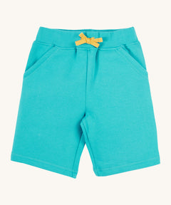 Frugi kids sea moss Samson shorts - GOTS organic cotton Frugi kids shorts in turquoise with a yellow waist drawstring 