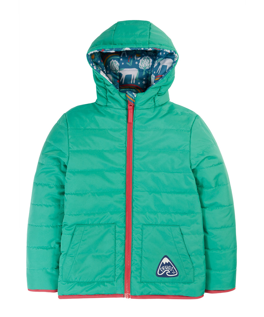 A closer look at the hood and zipper of the Frugi Reversible Toasty Trail Jacket - Wild Horses