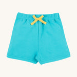 Frugi kids sea moss koala shorts - GOTS organic cotton kids shorts in light blue with yellow waist drawstring.