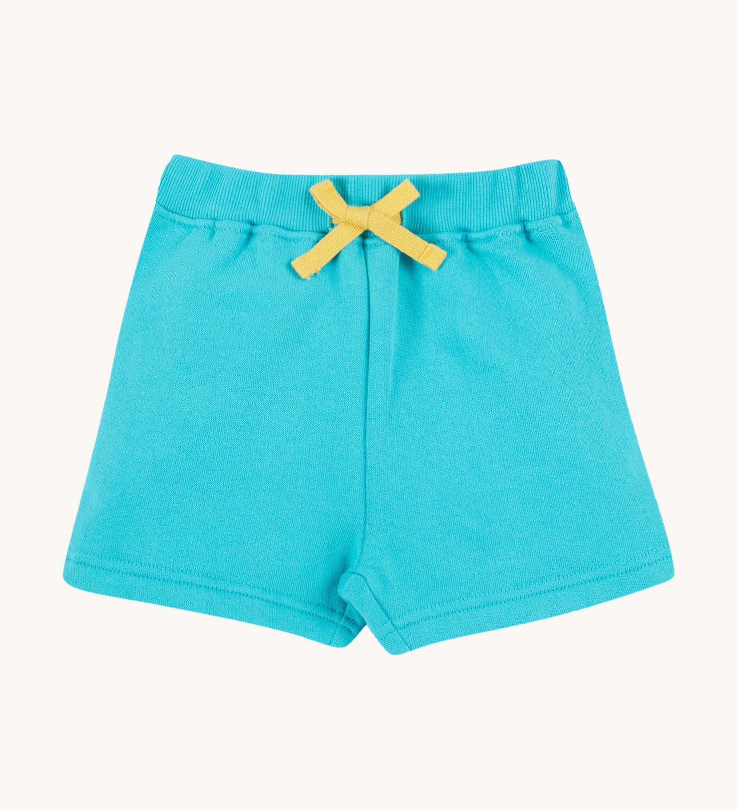 Frugi kids sea moss koala shorts - GOTS organic cotton kids shorts in light blue with yellow waist drawstring.