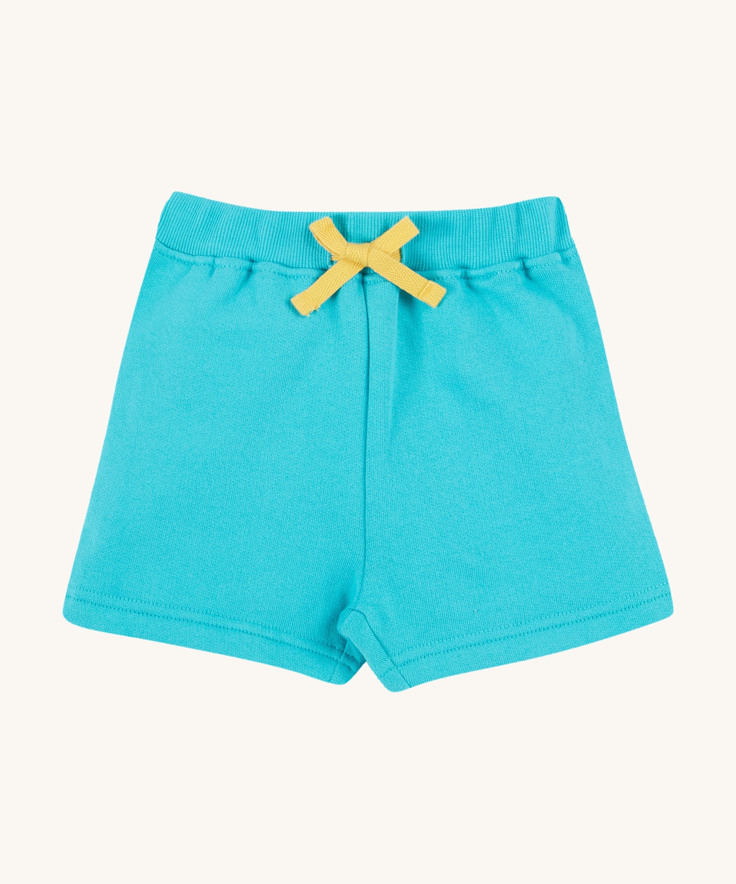 Frugi kids sea moss koala shorts - GOTS organic cotton kids shorts in light blue with yellow waist drawstring.