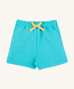 Frugi kids sea moss koala shorts - GOTS organic cotton kids shorts in light blue with yellow waist drawstring.