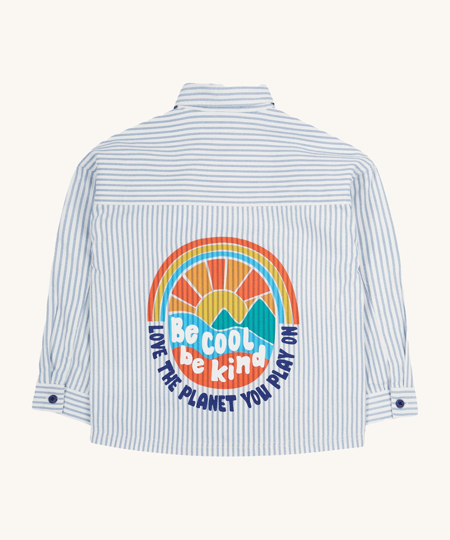 Frugi kids shacket, shirt with blue and white stripes and rainbow design back print detail