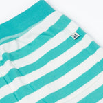 Close up of the Frugi kids sunny sea moss short - showing the back pocket and blue waist band on blue and white stripe organic cotton fabric