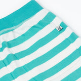 Close up of the Frugi kids sunny sea moss short - showing the back pocket and blue waist band on blue and white stripe organic cotton fabric