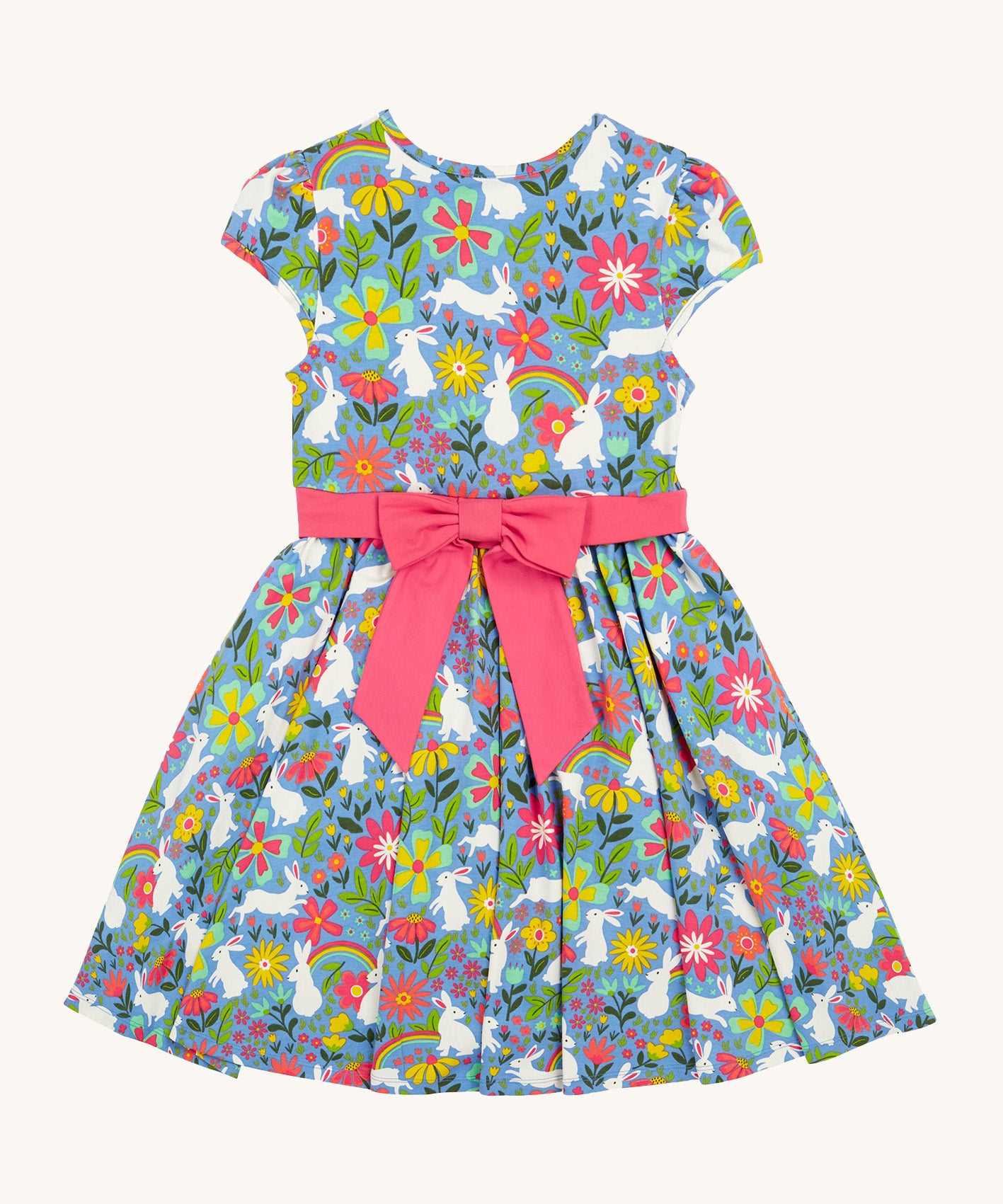 Frugi kids bunny bounce skater dres - GOTS organic kids skater dress in pastel blue, sleeveless with a pink bow tie waist band. Features a print of different bunnies and  coloured flowers.