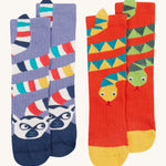 Frugi kids character 2 pack socks - GOTS organic cotton Frugi socks 2 pack  with a purple sock featuring a lemur design and a orange sock with yellow toe panels featuring a yellow and green snake design.